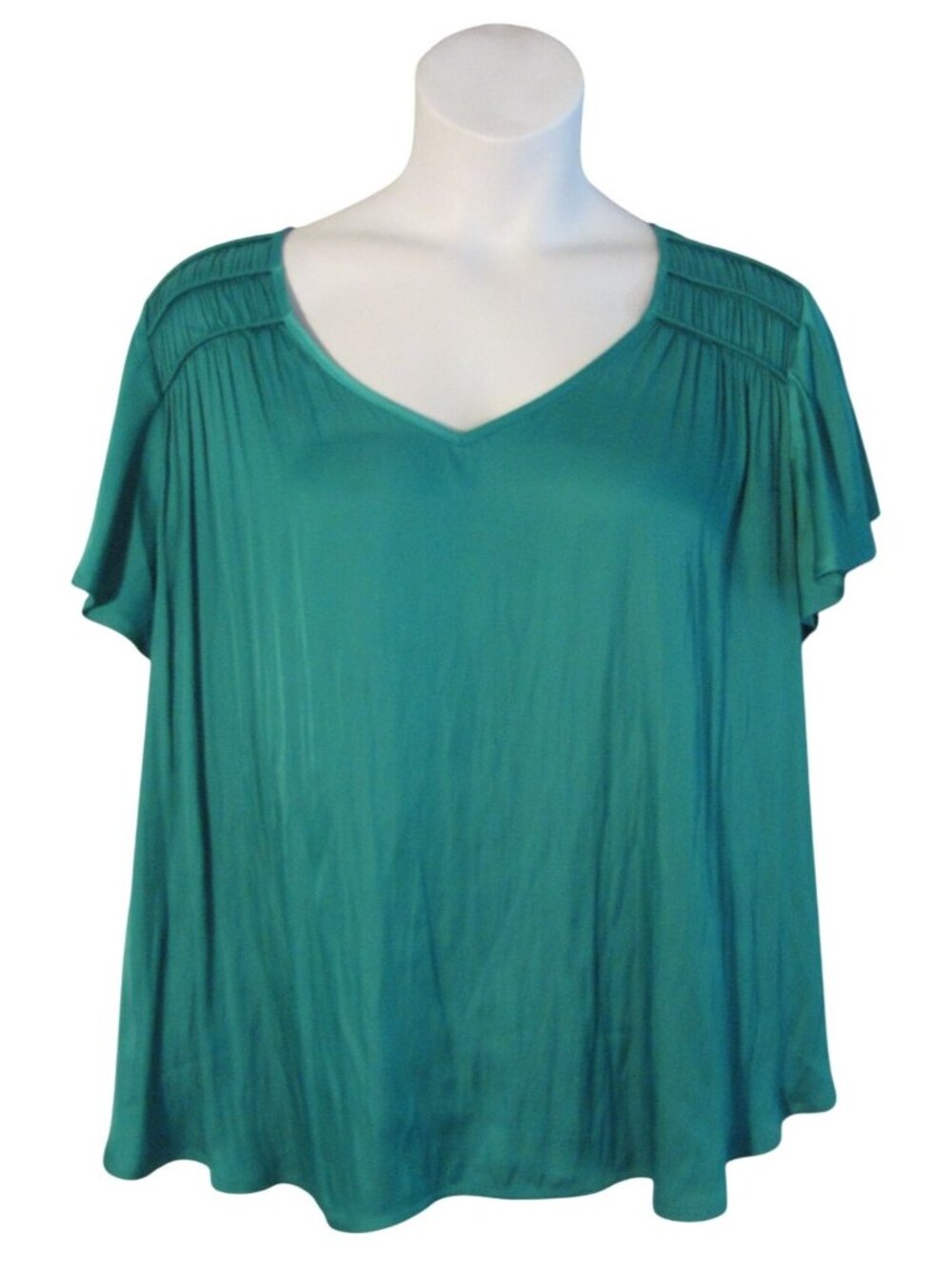 Lane Bryant 18/20 2X Green Silky Shirt Top Blouse Gathered Shoulders